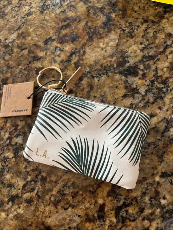 Starbucks Other - Starbucks Cream Pouch with Dark Green Palm Leaf Print and Gold Key Ring